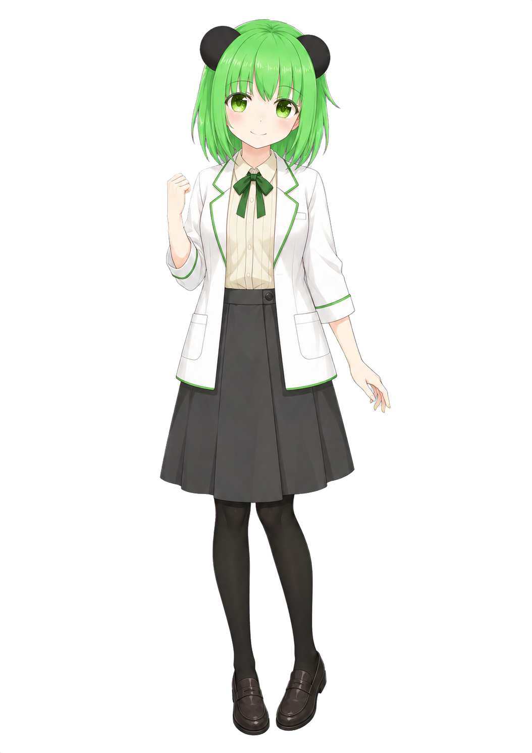 緑色の髪と黒い耳で、白衣を着た助手ちゃんの全身イラスト